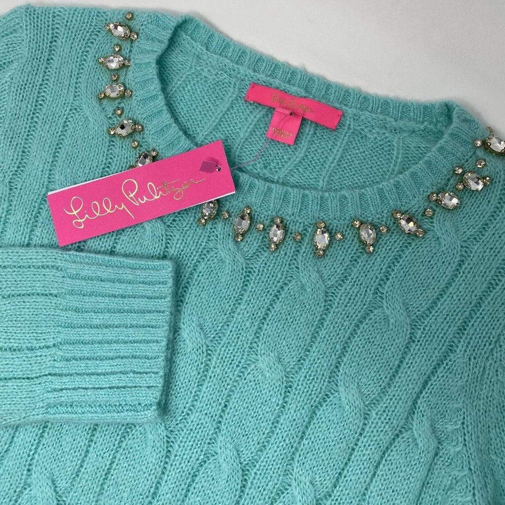 Lilly Pulitzer Aqua Teal Jeweled Cable-Knit Crewneck Sweater